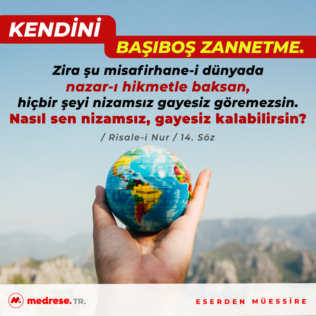 Kendini başıboş zannetme. Zira şu misafirhane-i dünyada nazar-ı hikmetle baksan, hiçbir şeyi nizamsız gayesiz göremezsin. Nasıl sen nizamsız, gayesiz kalabilirsin? Risale-i Nur / 14.Söz